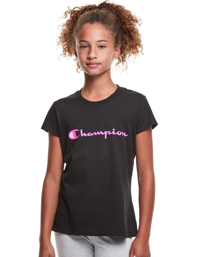 Champion Classic Script Logo Kiz Çocuk Tişört Siyah ( VGIOYZ460 )